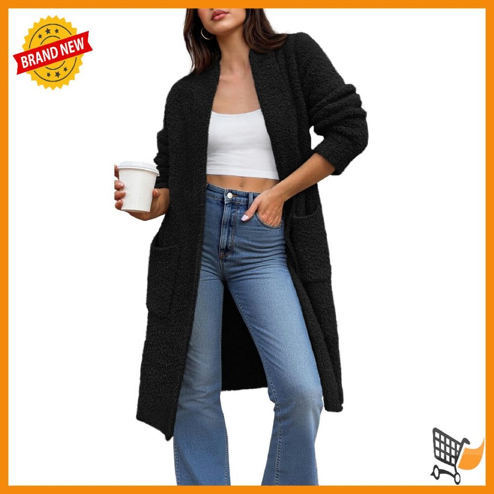 Oversized Long Cardigan Sweater With Pockets, Open Front, Knee Length